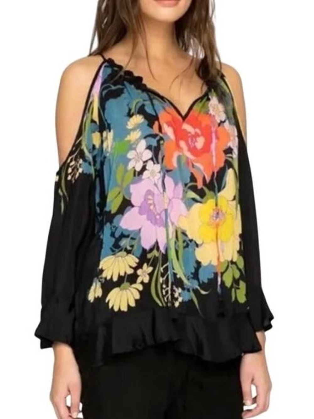 Johnny Was Black Cold-Shoulder Blouse with Bright Floral Print